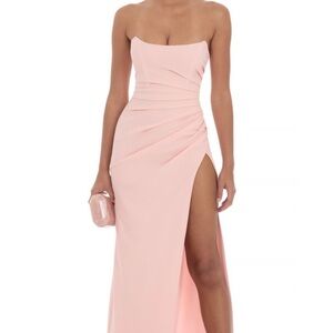 Lucy in the Sky Strapless Blush Pink Ruched Side-Slit Gown